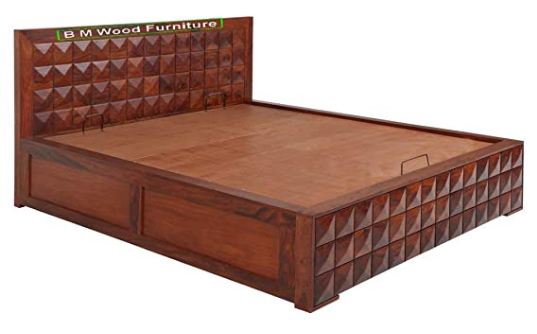 Solid Wooden Hydraulic Storage Bed with Textured Geometric Headboard
