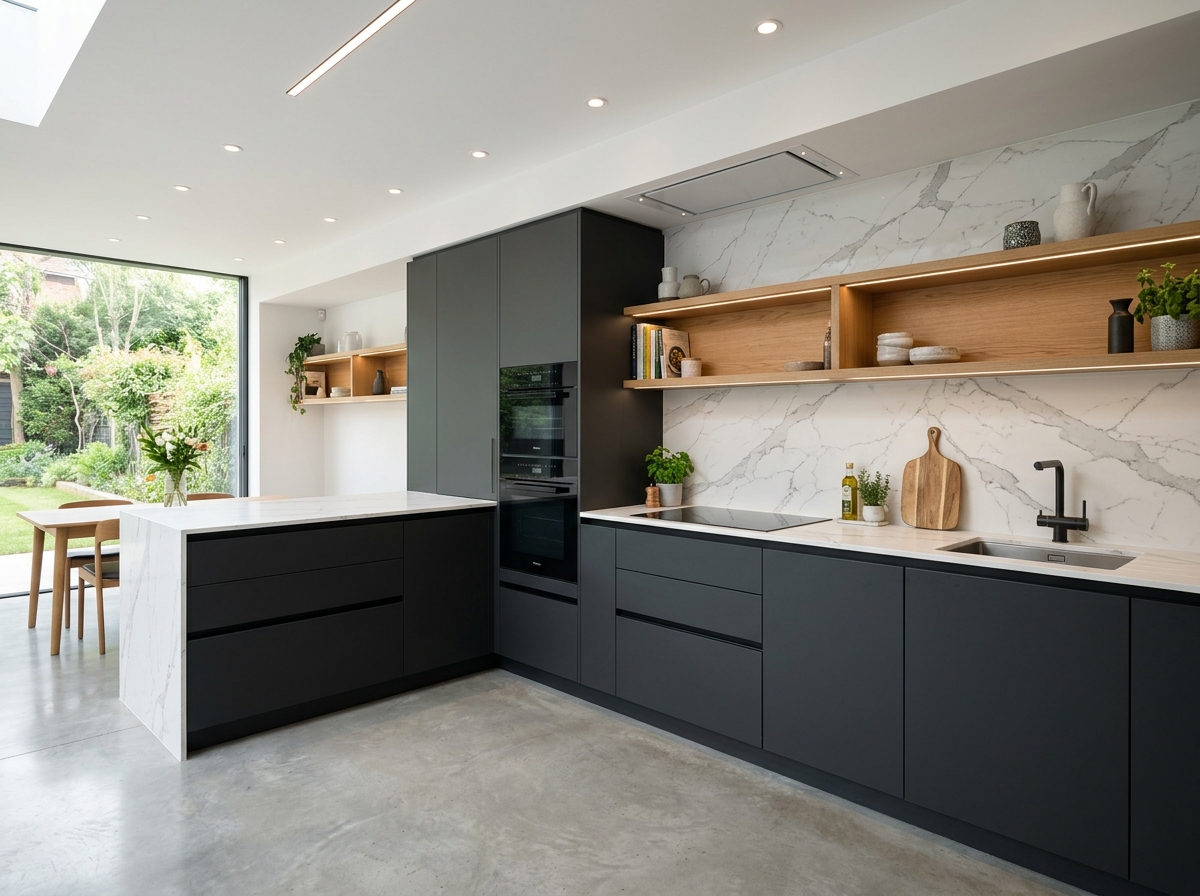 Sleek L-Shaped Charcoal & Oak Kitchen