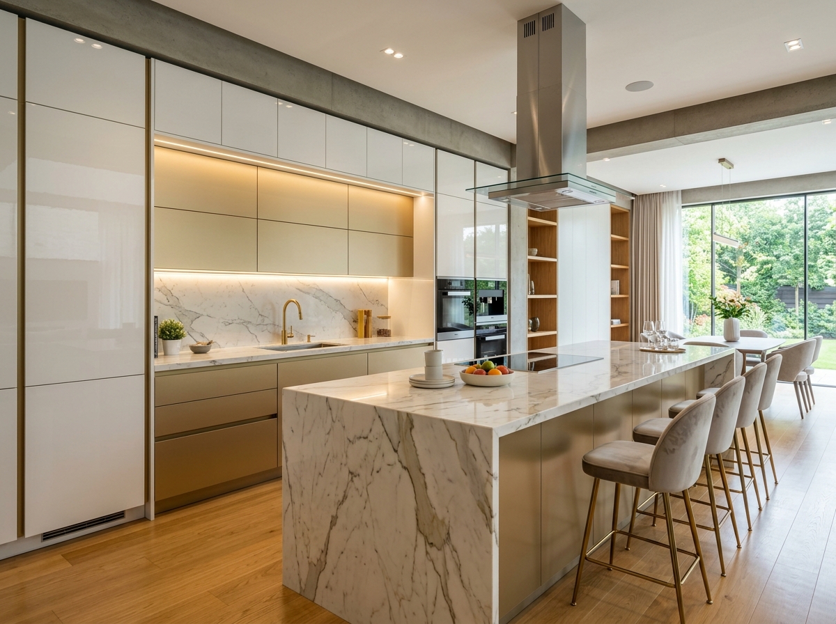Grand Marble Waterfall Island Kitchen