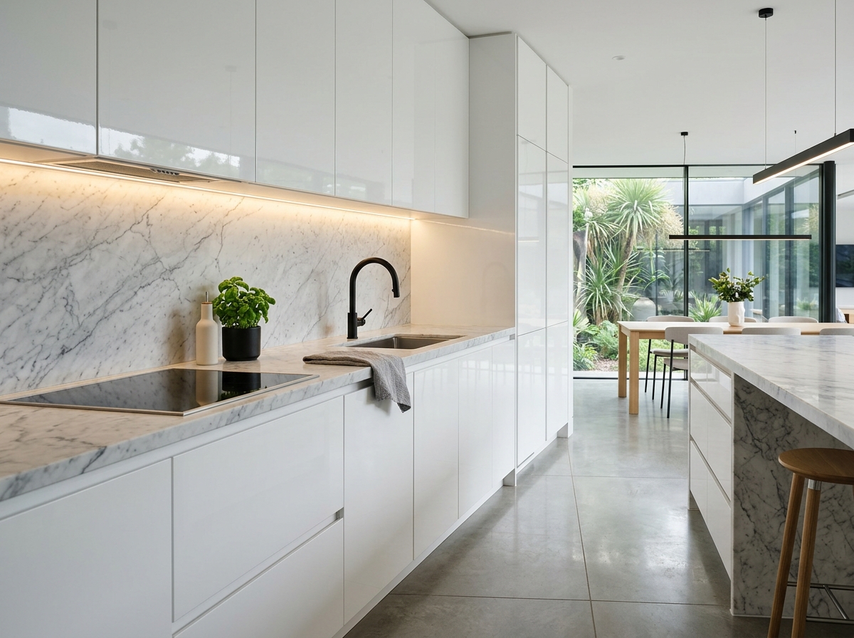 Handleless Pure White High-Gloss Acrylic Kitchen
