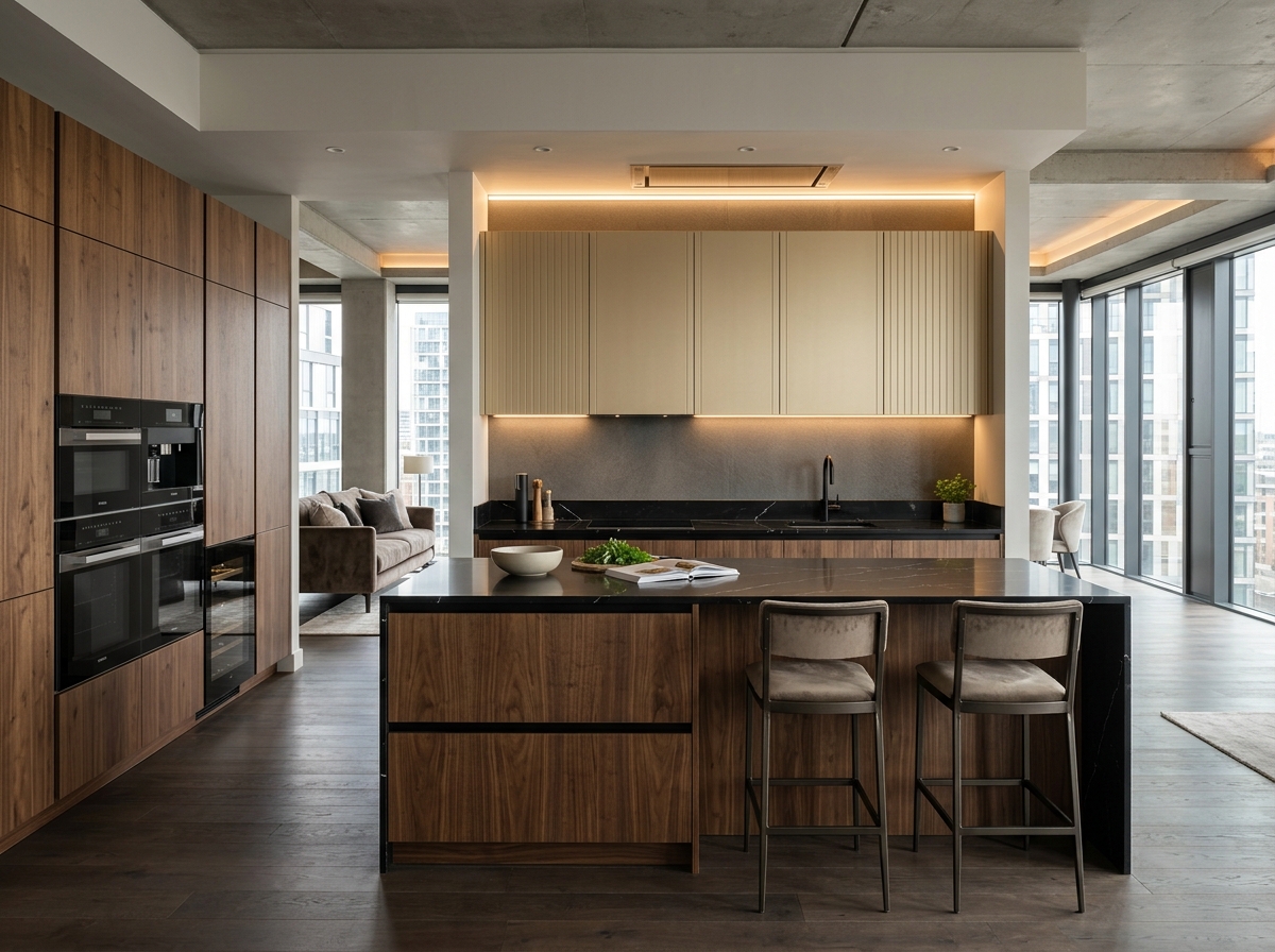 Smoked Walnut Veneer & Matte Gold Modular Island