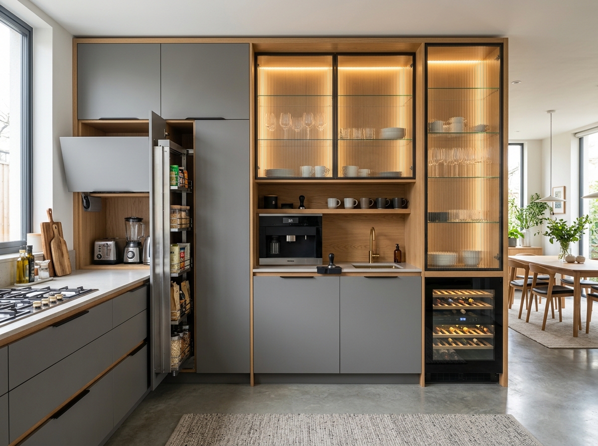 Fluted Glass Tall Pantry & Coffee Station