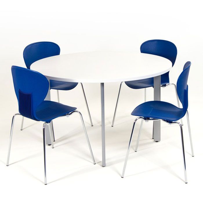 Collaborative Round Discussion Table with Chrome Chairs